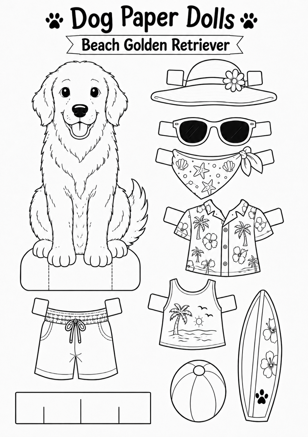 Beach Golden Retriever paper doll printable preview, black and white line art with sunhat, sunglasses, Hawaiian shirt and surfboard accessories