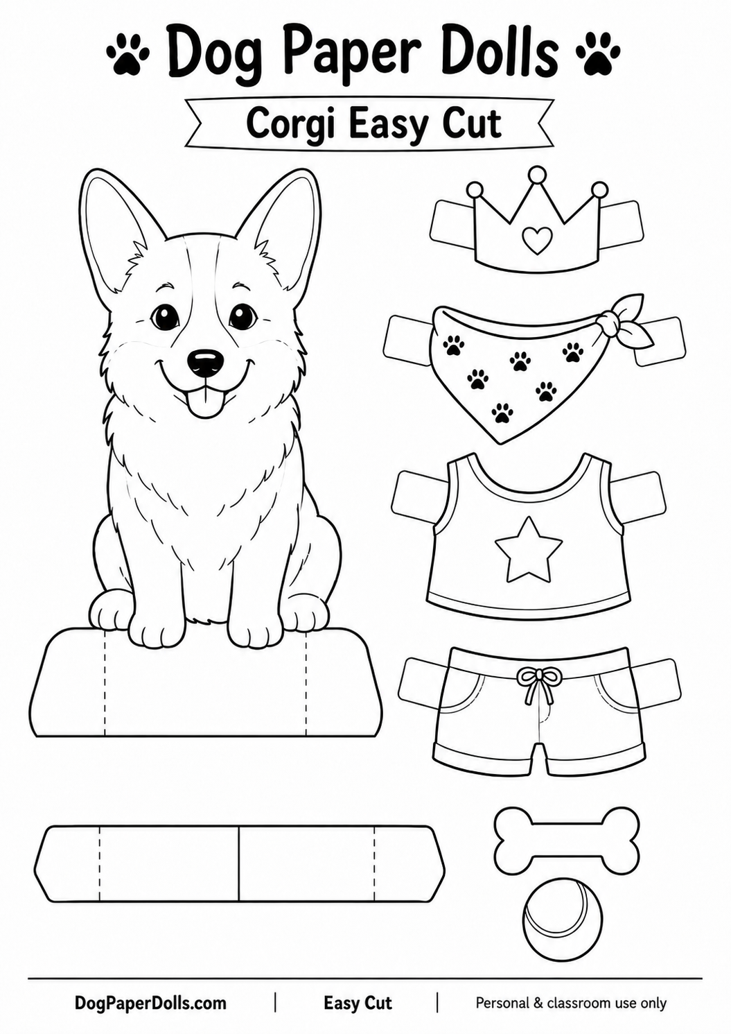 Corgi paper doll printable preview, black and white line art with crown, bandana, star tank top, shorts and dog toys