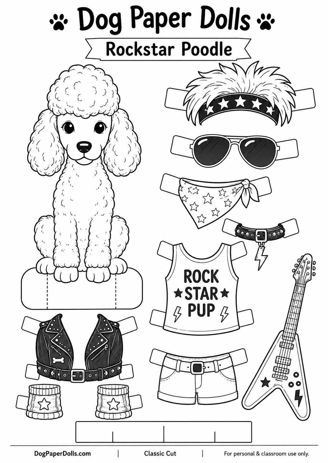 Rockstar Poodle paper doll printable preview, black and white line art with leather jacket, guitar and rock accessories